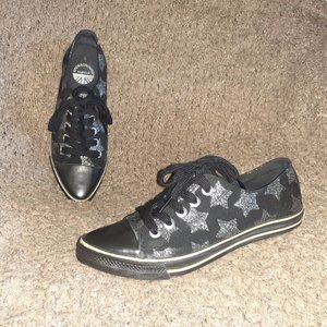 UNDERGROUND ENGLAND-Black/Silver Glitter Stars-Leather Pointed Toe-Sz 5 UK/7 US